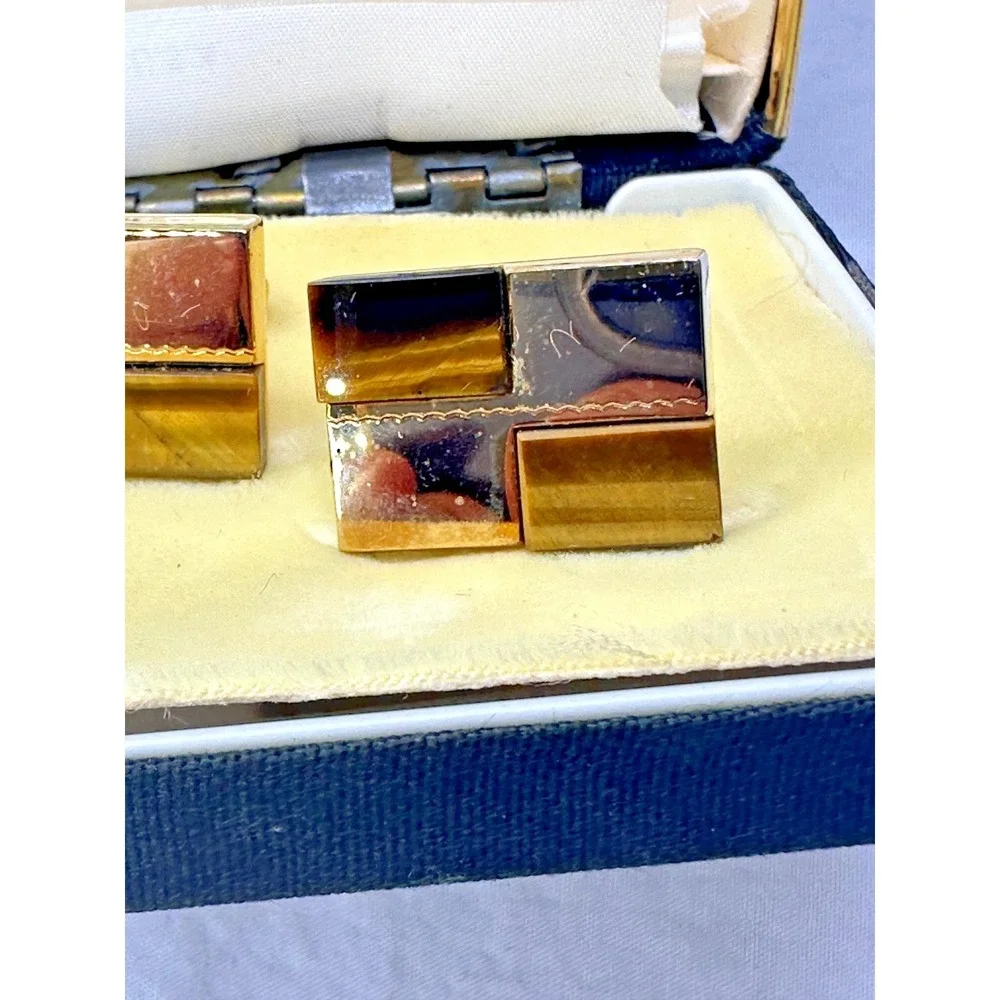 Anson Cufflinks Tie Tack Set Tigers Eye Gold Tone Brown Rectangle Boxed VTG
